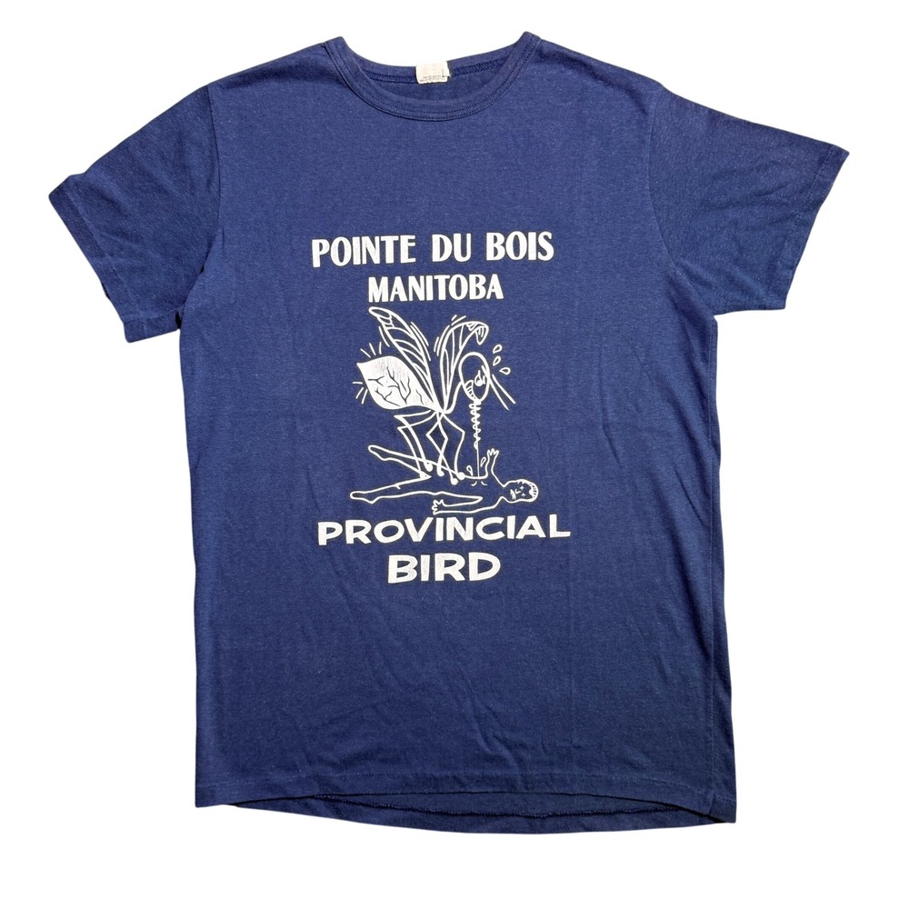 Vintage 70s Pointe Du Bois Manitoba Provincial Bird Mosquito T-Shirt Navy M/L